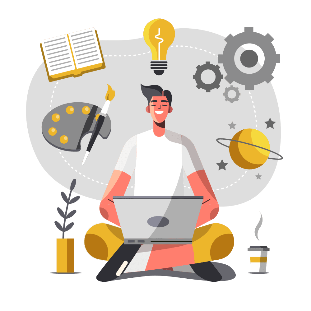 man sitting with laptop illustration with books bulb gears color palate planet plat icons